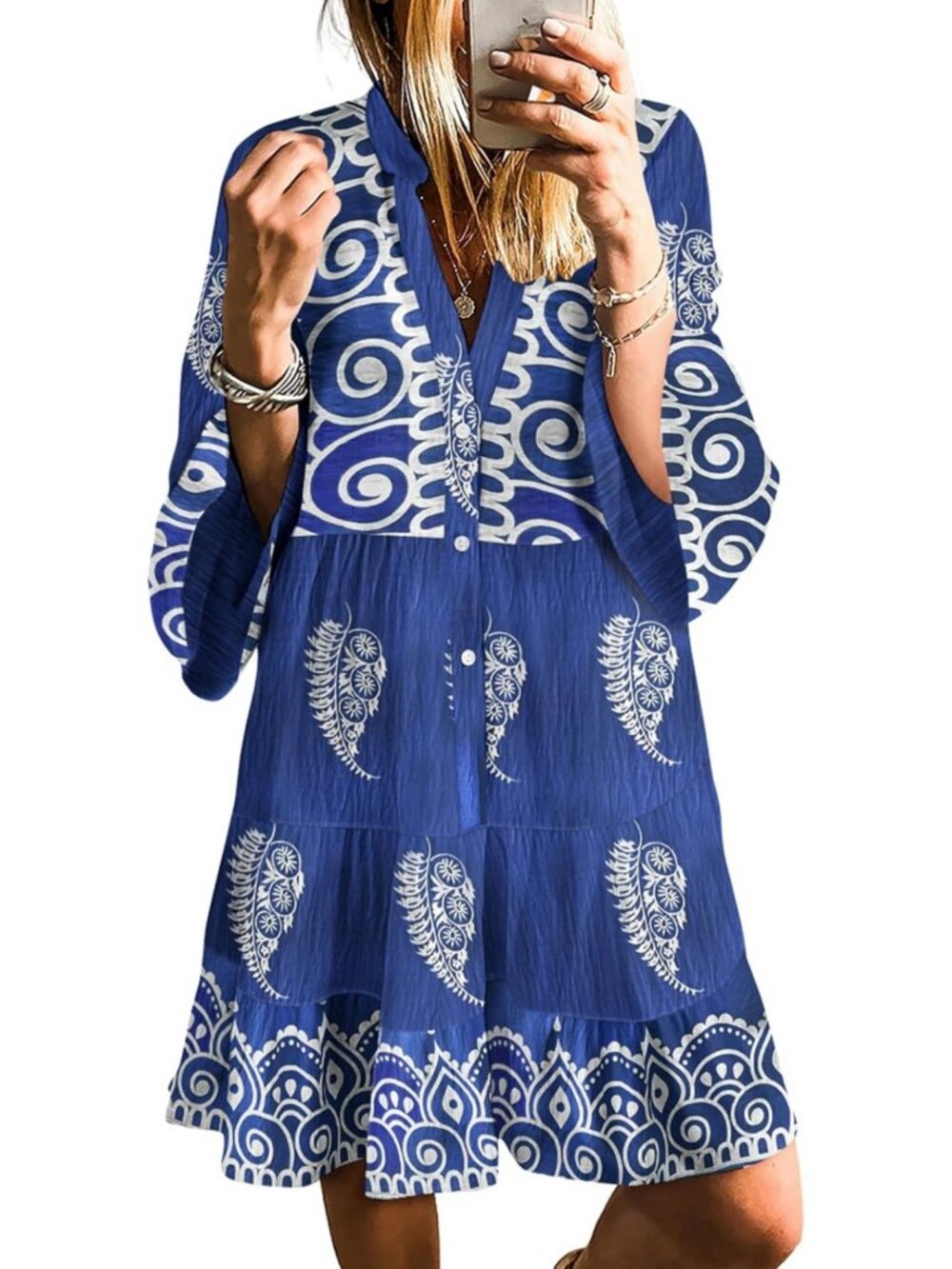 Tribal Print Long Sleeve Mini Dress - Casual V Neck Beachwear for Women